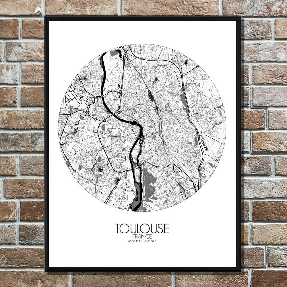Mapospheres Toulouse Black and White round shape design poster affiche city map