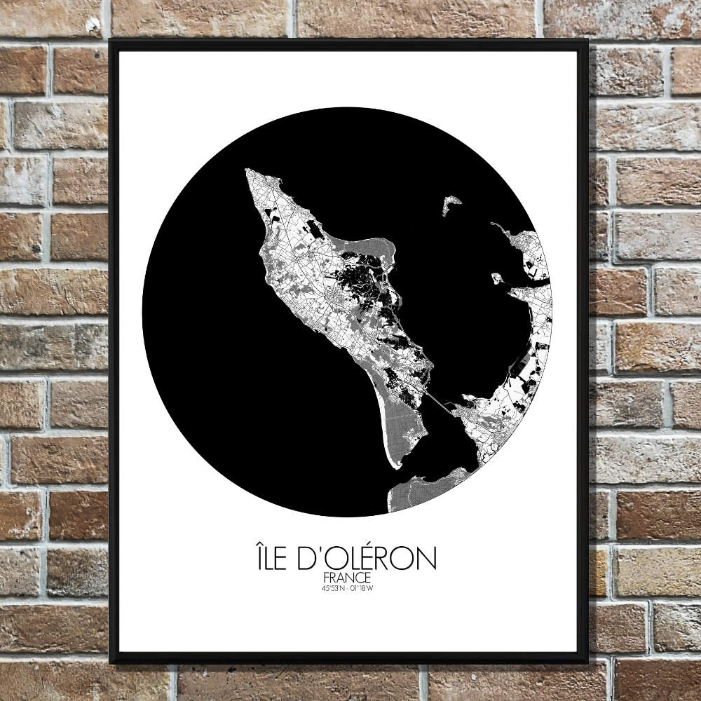 Mapospheres oleron Black and White round shape design poster city map