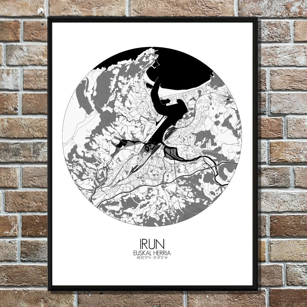 Mapospheres Irun Black and White round shape design poster affiche city map