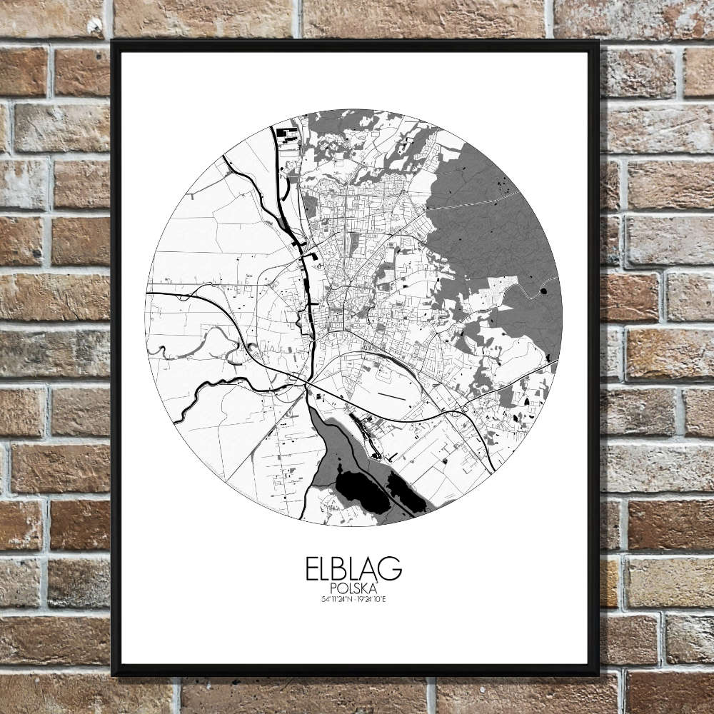 Mapospheres Elblag Black and White round shape design poster city map