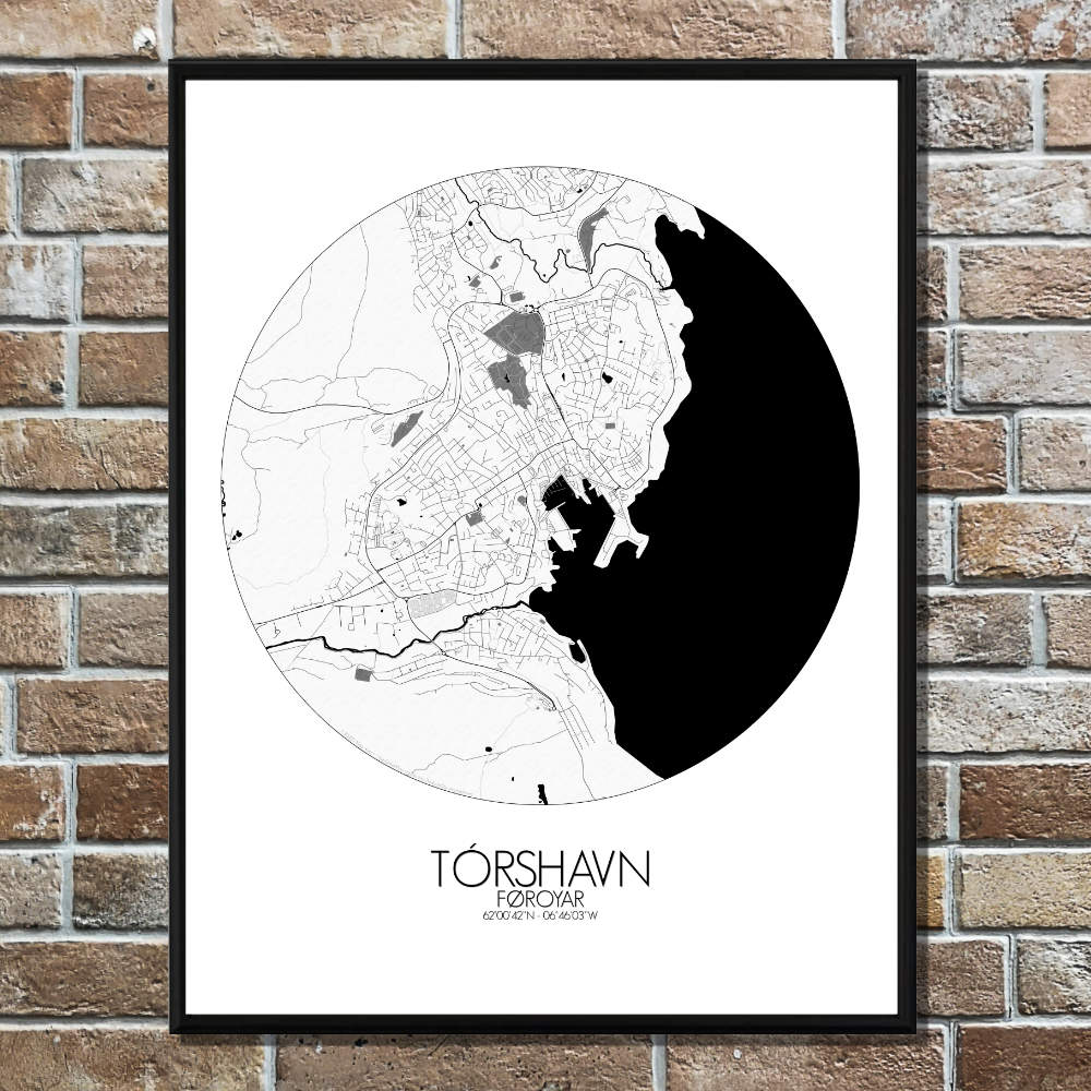 Mapospheres Torshavn Black and White round shape design poster city map
