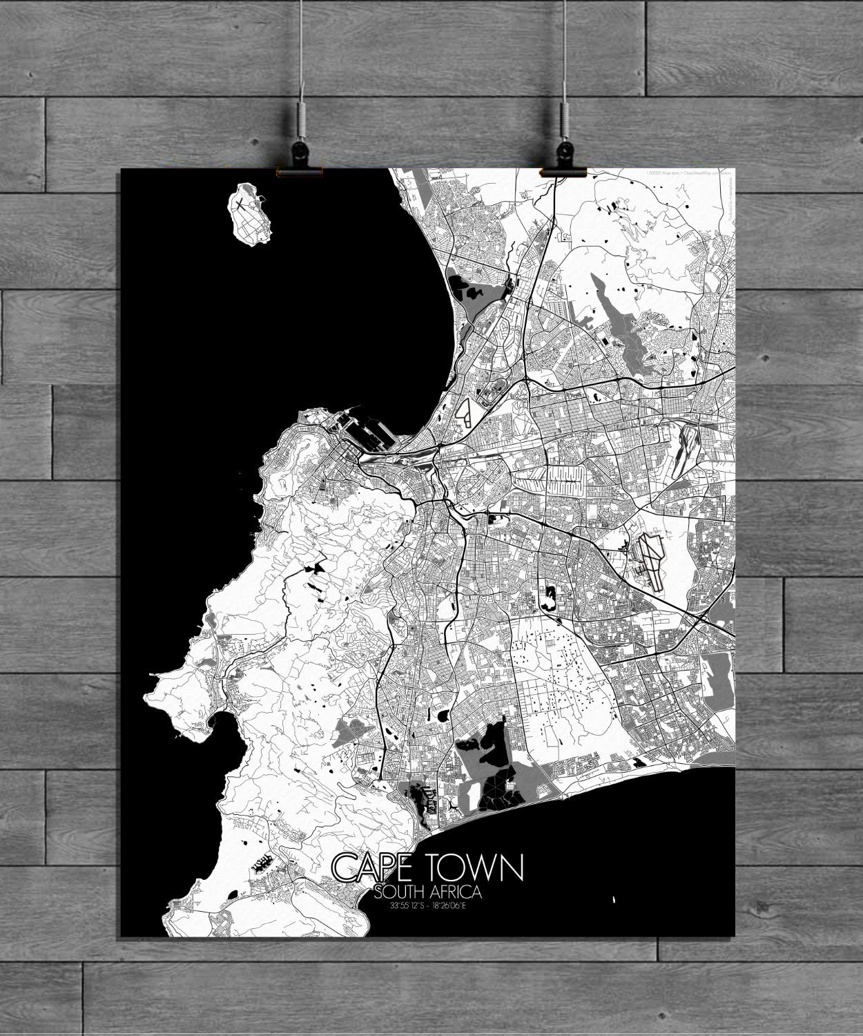Mapospheres Cape Town Black and White full page design poster city map