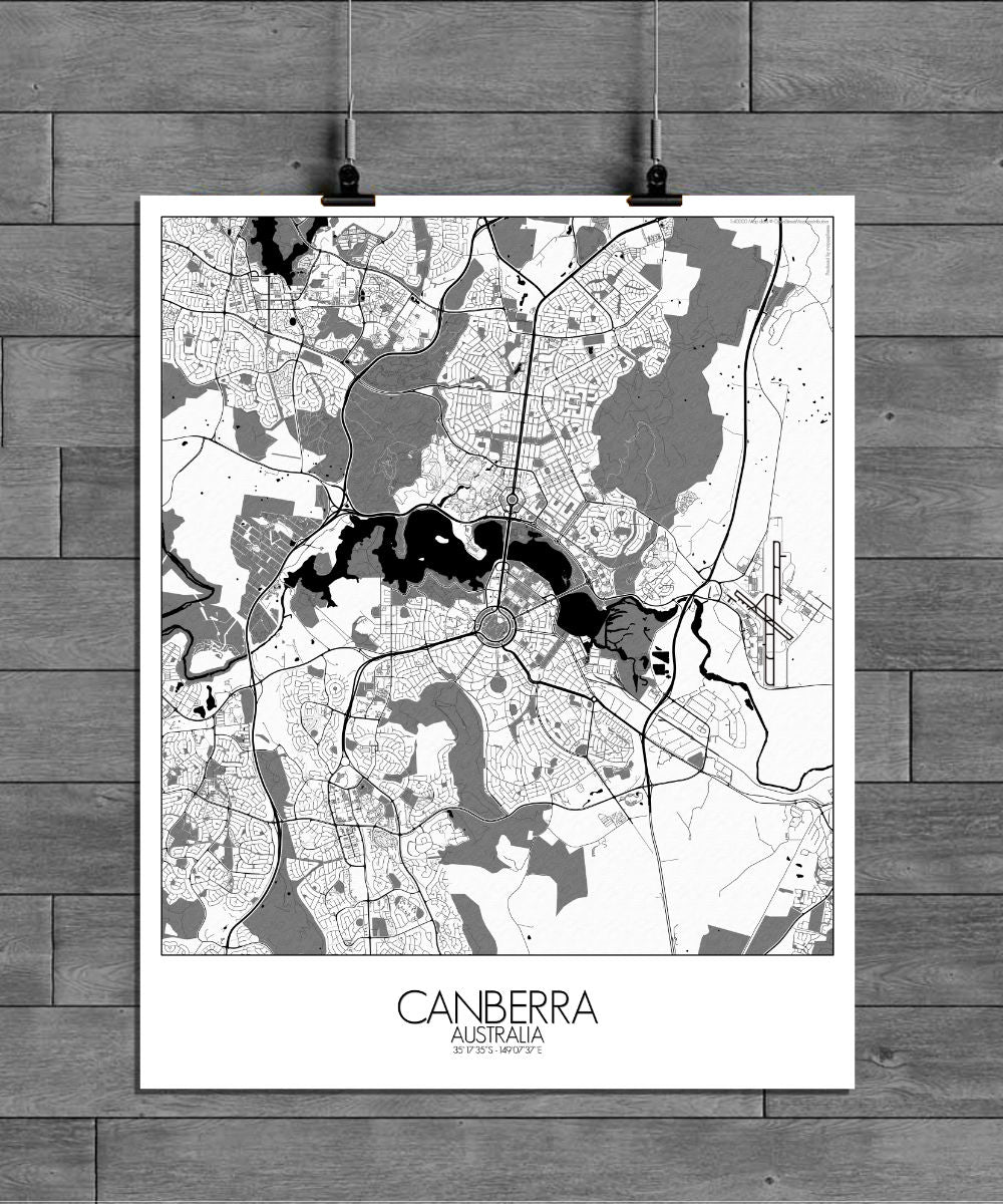 Mapospheres Canberra Black and White full page design poster city map