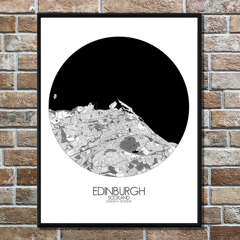 Mapospheres Edinburgh Black and White round shape design poster city map