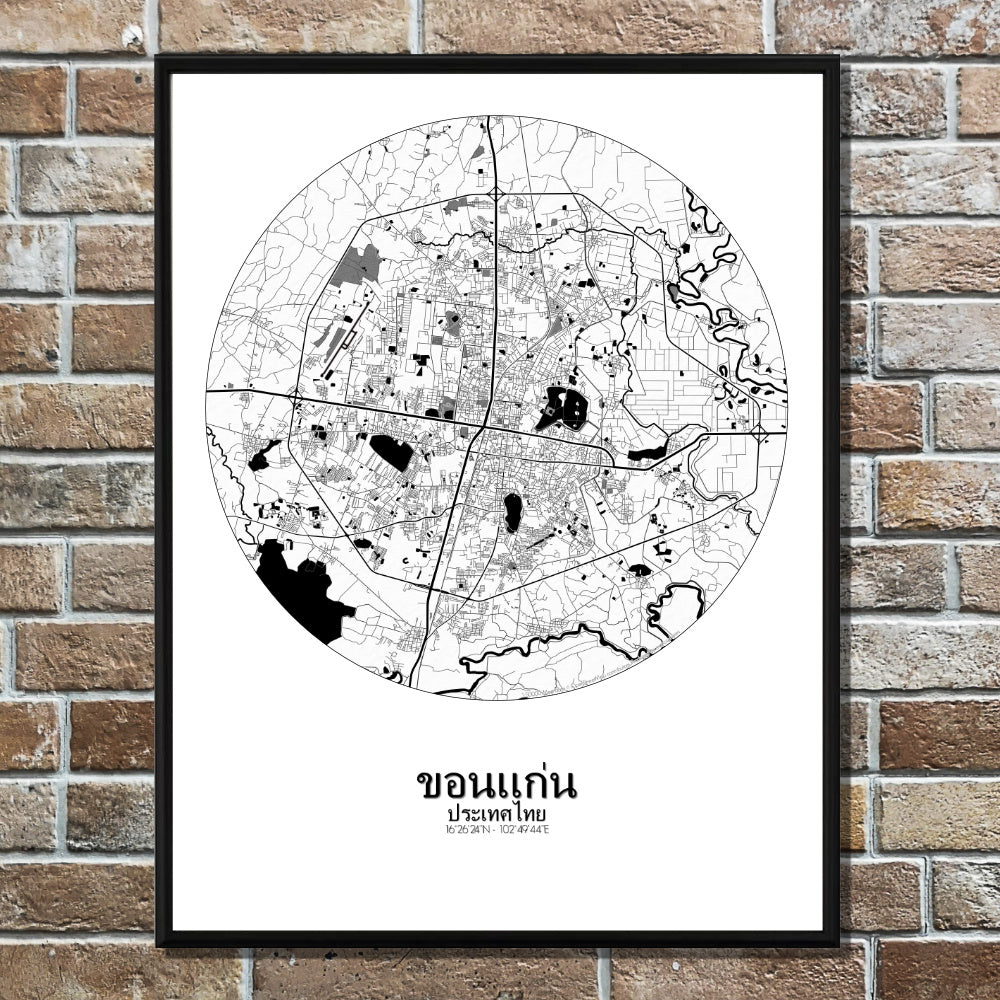 Khonkaen Black and White round shape design poster city map