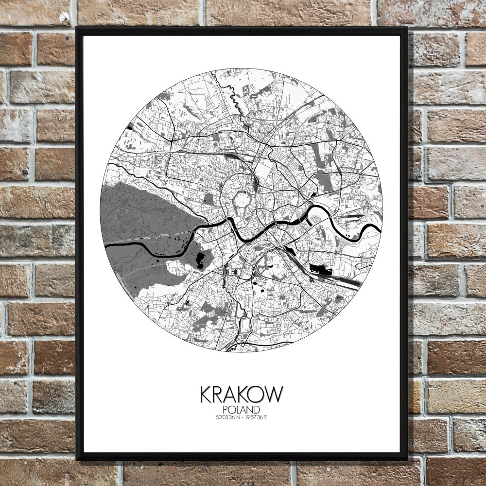Krakow Black and White round shape design poster city map