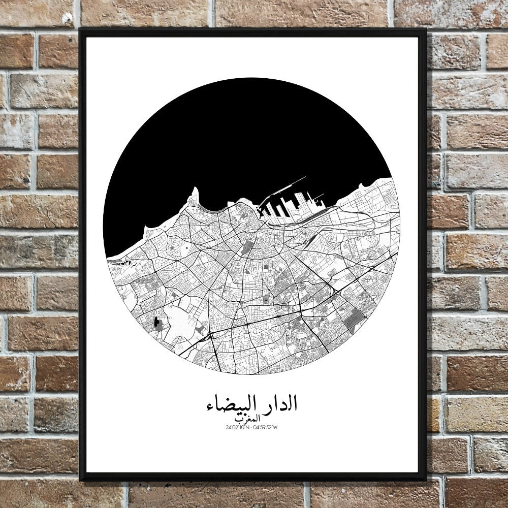 Mapospheres Casablanca Black and White round shape design poster city map