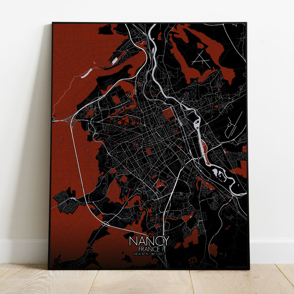 Mapospheres Nancy Red dark full page design poster city map