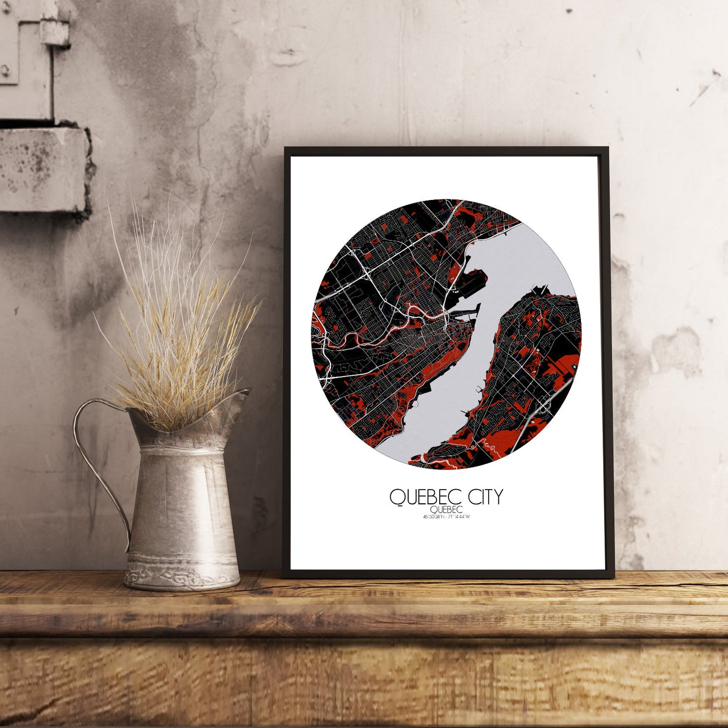 Mapospheres Quebec Red dark round shape design poster city map