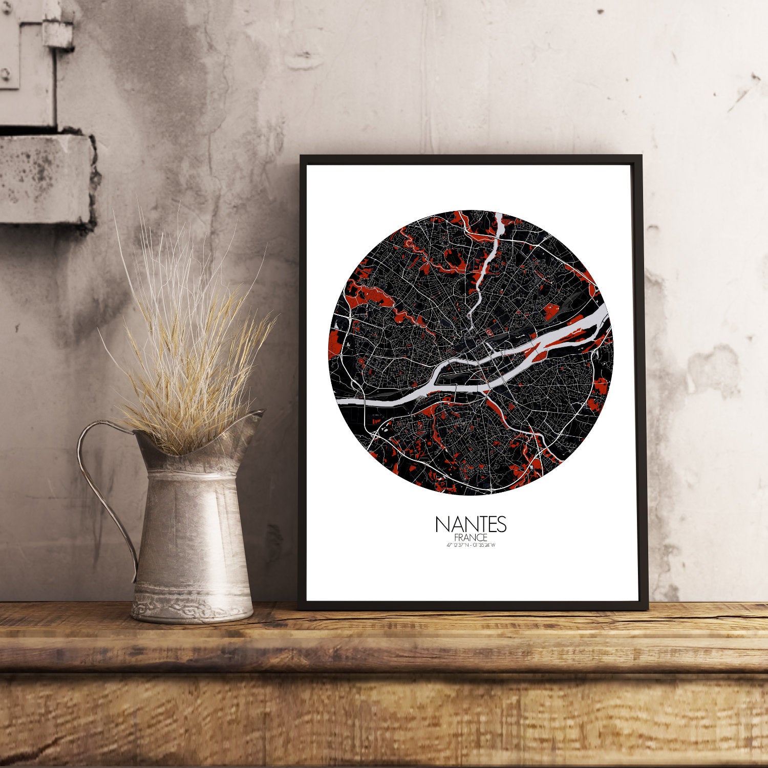 Mapospheres Nantes Red dark round shape design poster city map