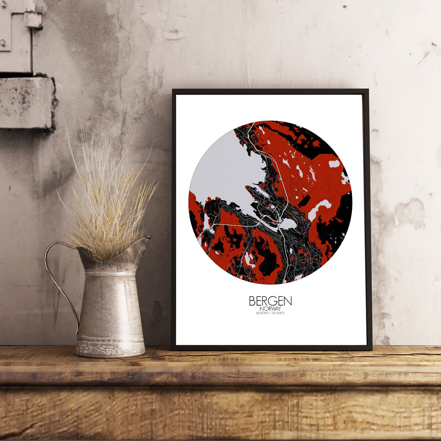 Mapospheres Bergen Red dark round shape design poster city map