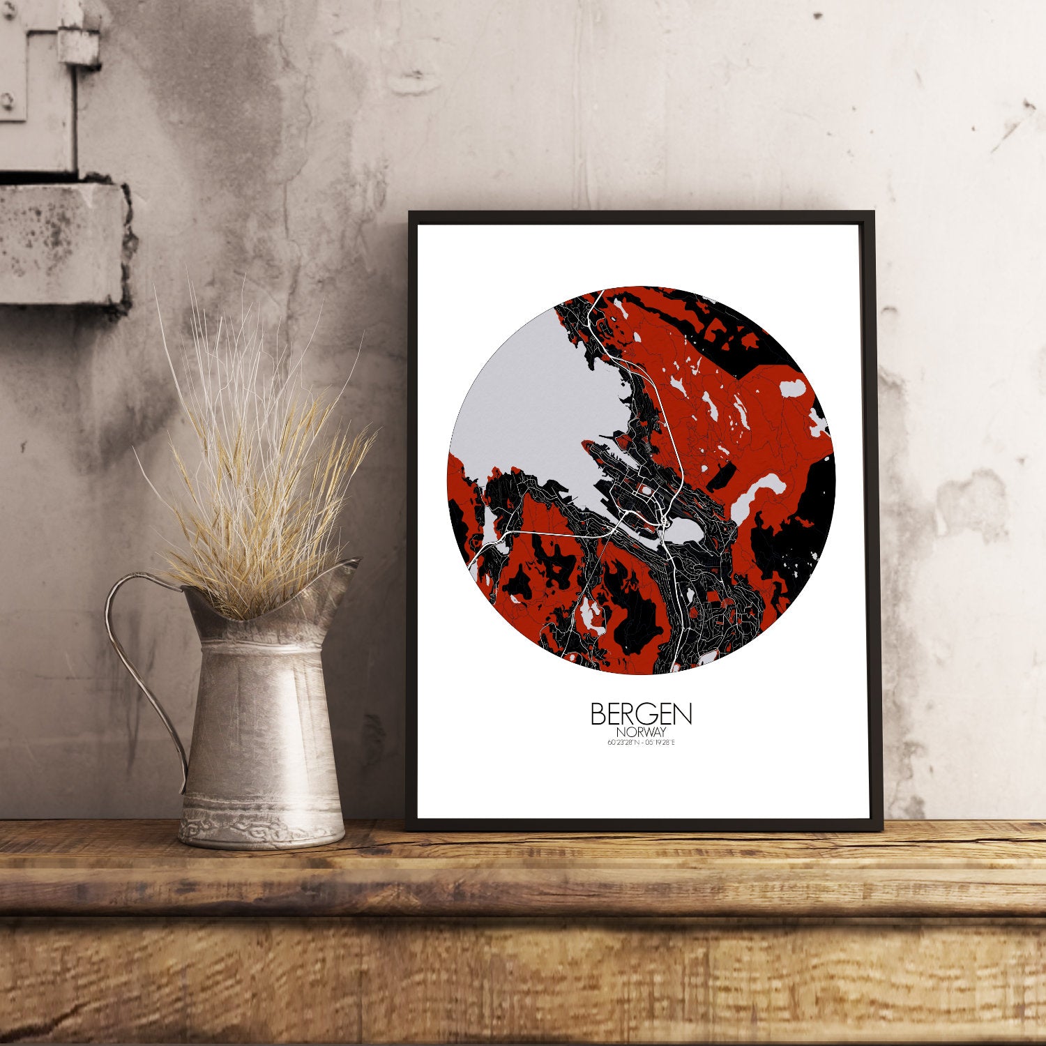 Mapospheres Bergen Red dark round shape design poster city map