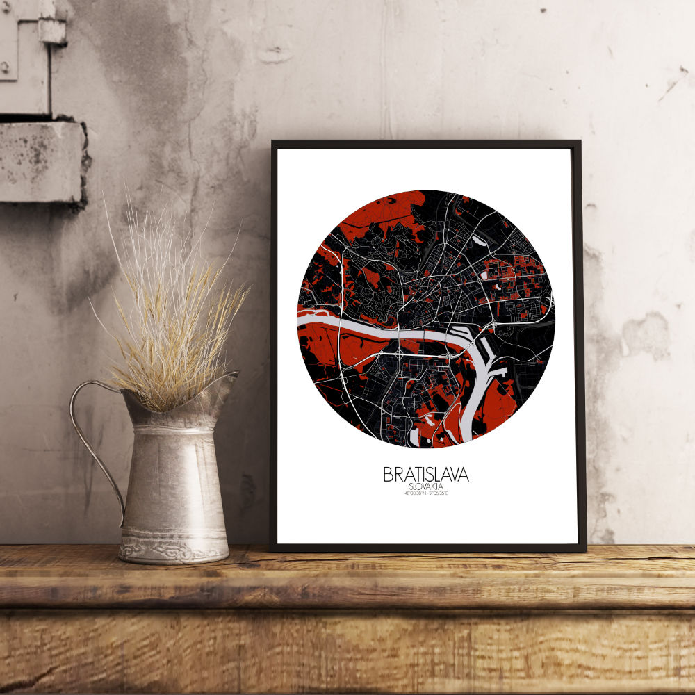 Mapospheres Bratislava Red dark round shape design poster city map