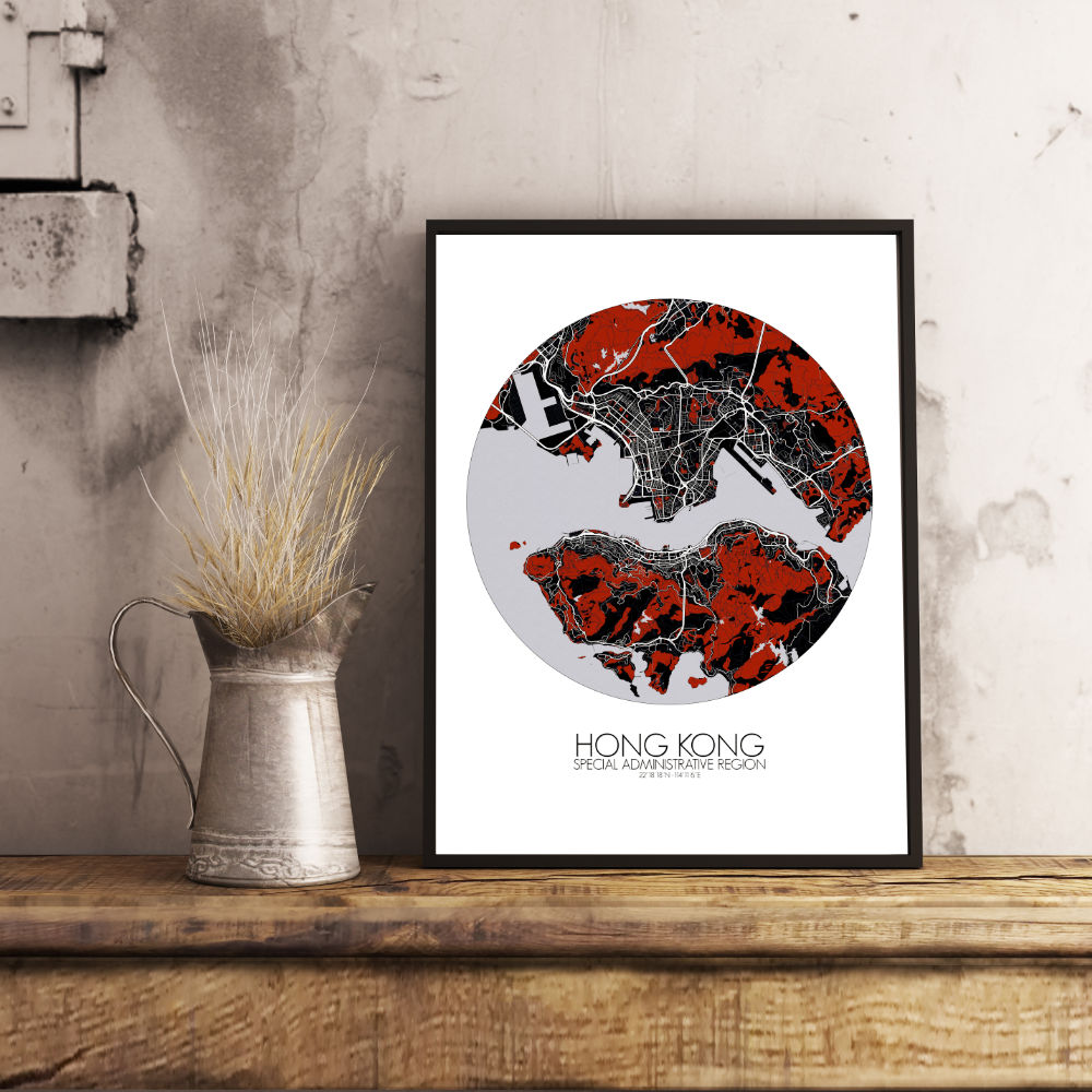 Mapospheres Hong Kong Red dark round shape design poster city map