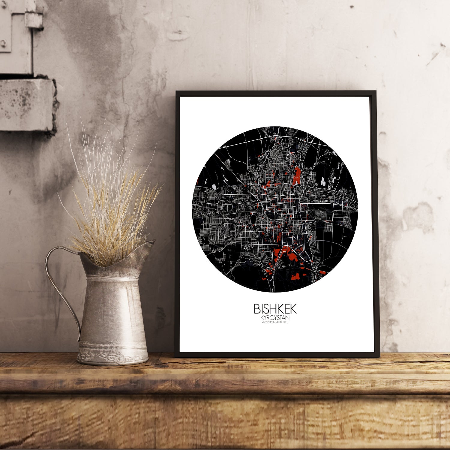 Bishkek Red dark round shape design poster city map