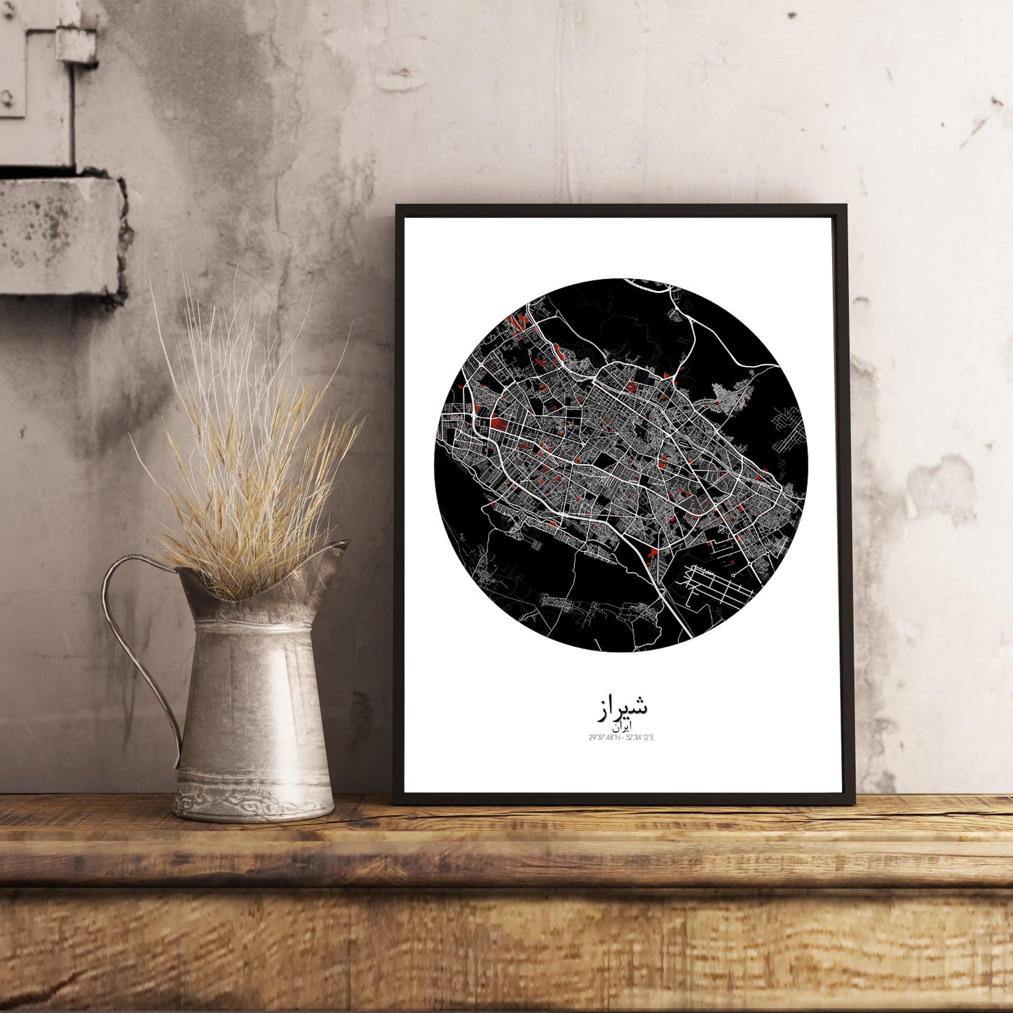Shiraz Red dark round shape design poster city map