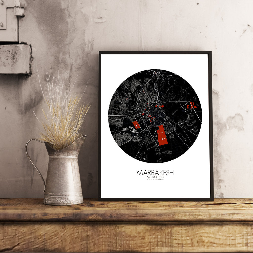 Mapospheres Marrakesh Red dark round shape design poster city map
