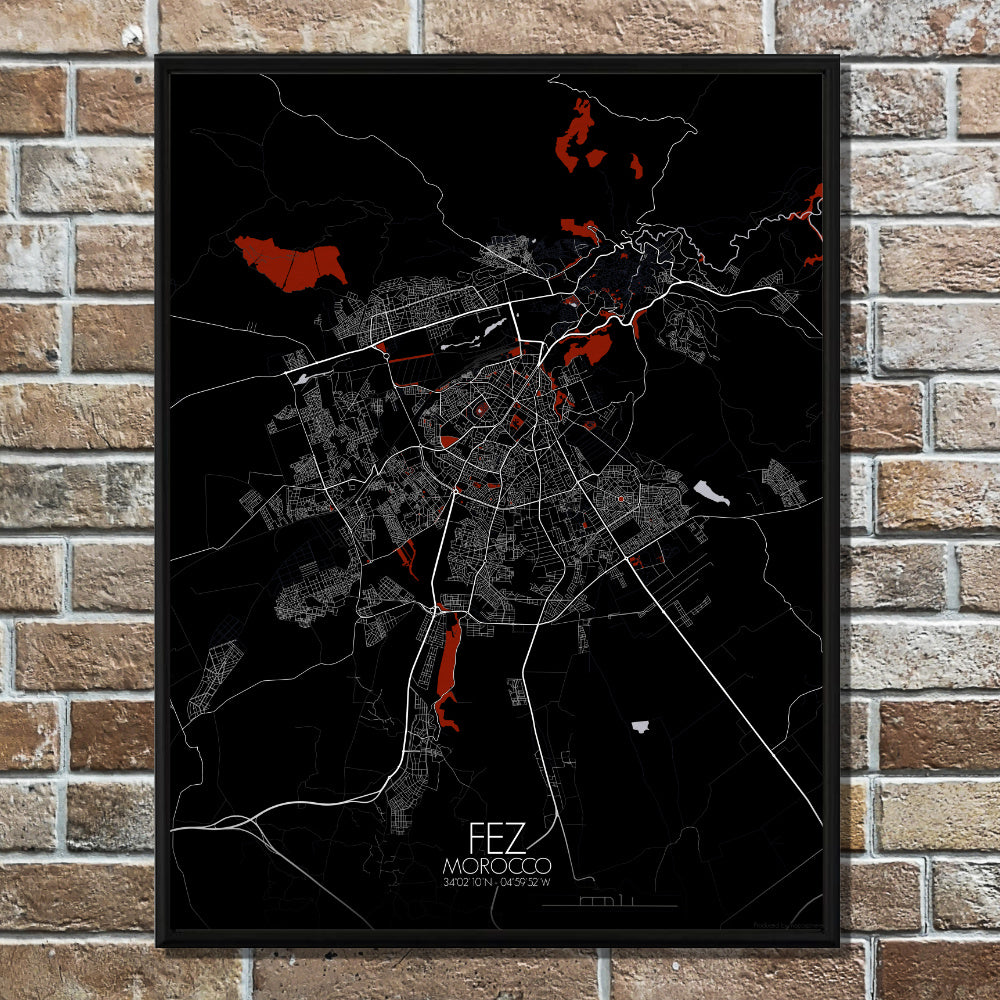 Mapospheres fez Red dark full page design poster city map