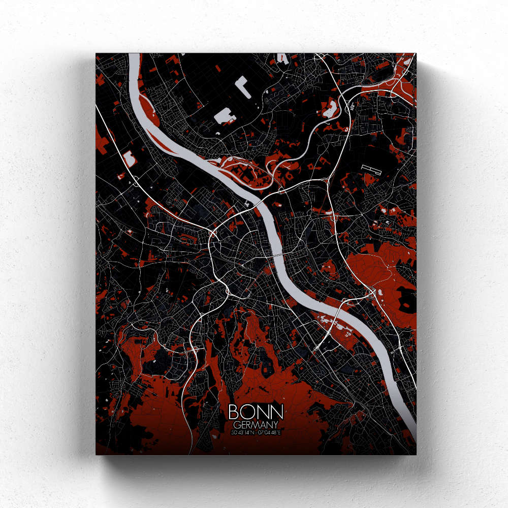 Mapospheres Bonn Red dark full page design canvas city map