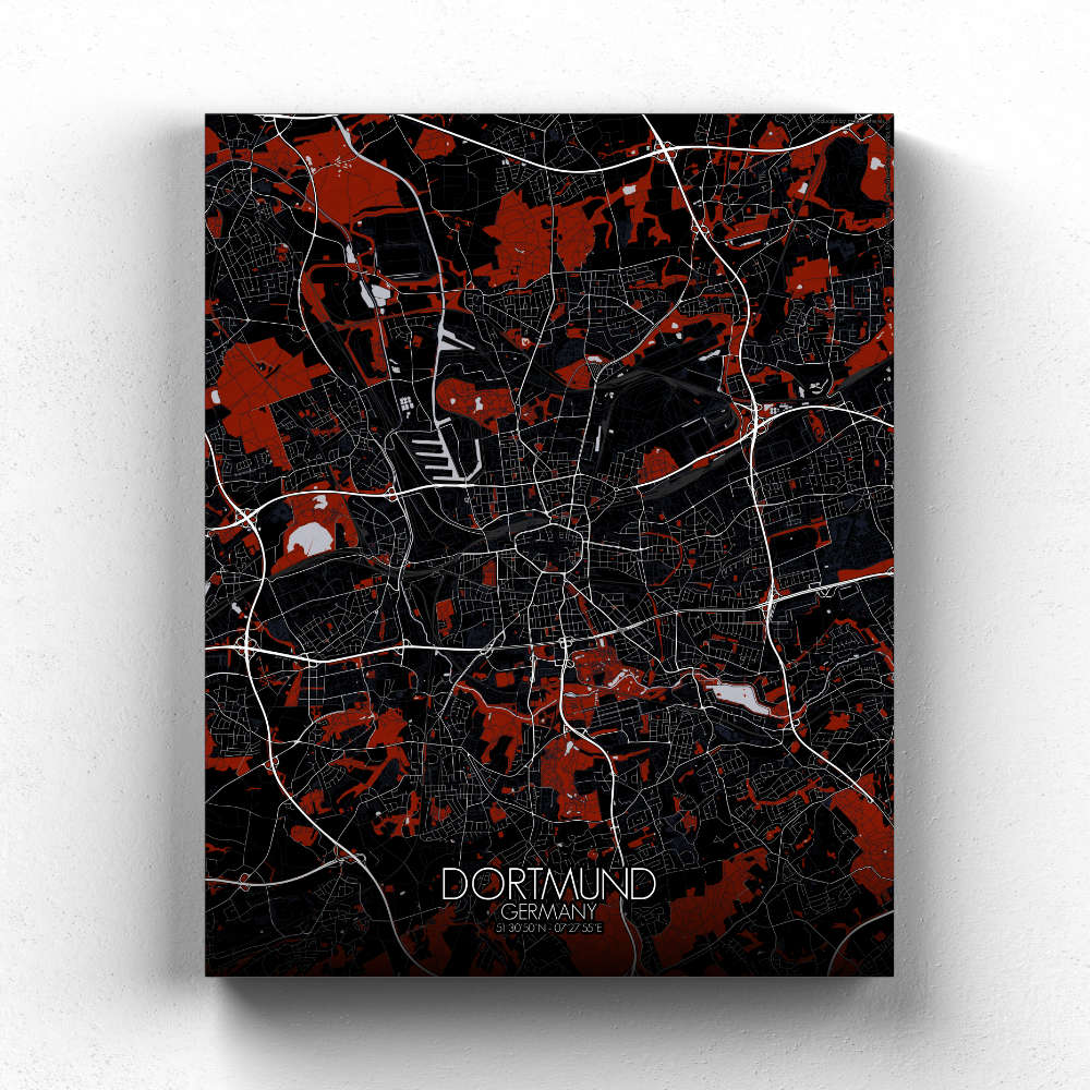 Mapospheres Dortmund Red dark full page design canvas city map