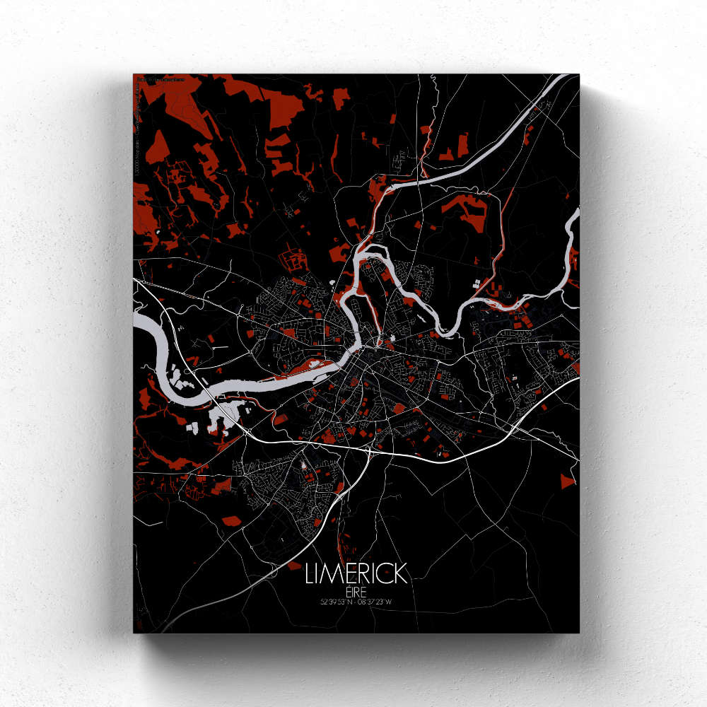 Mapospheres Limerick Red dark full page design canvas city map