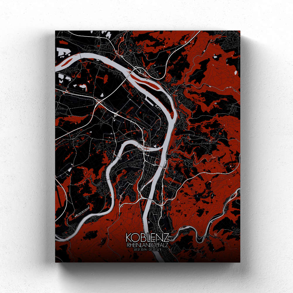 Mapospheres Koblenz Red dark full page design canvas city map