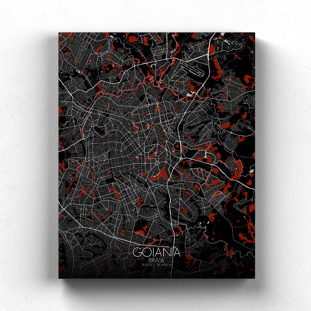 Mapospheres Goiania Red dark full page design canvas city map