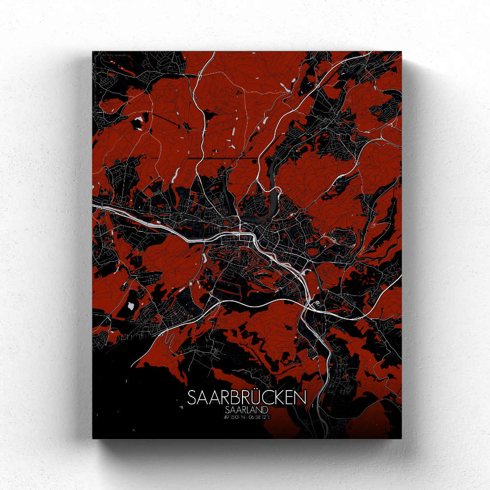 Mapospheres Saarbrucken Red dark full page design canvas city map