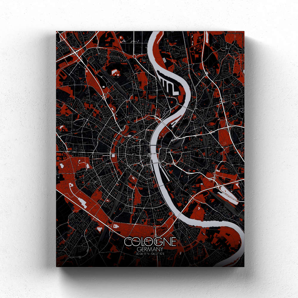 Mapospheres Cologne Red dark full page design canvas city map
