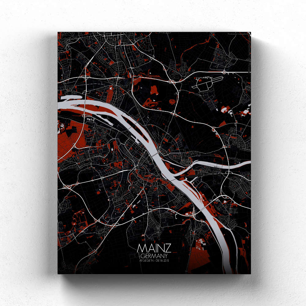 Mapospheres Mainz Red dark full page design canvas city map