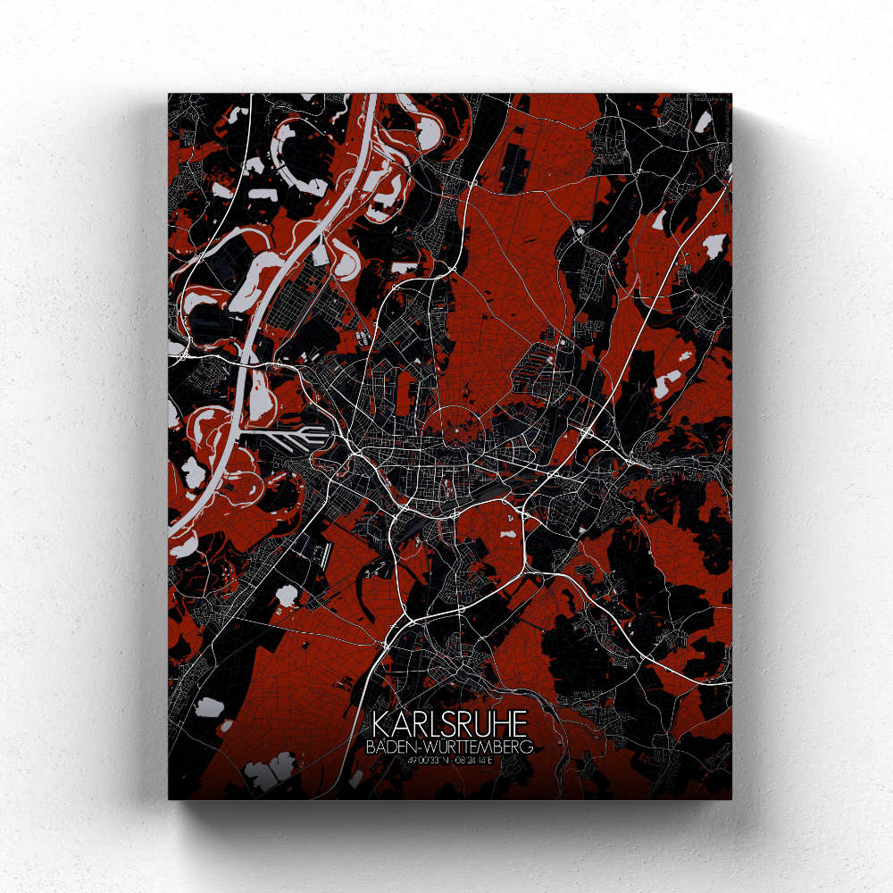 Mapospheres Karlsruhe Red dark full page design canvas city map