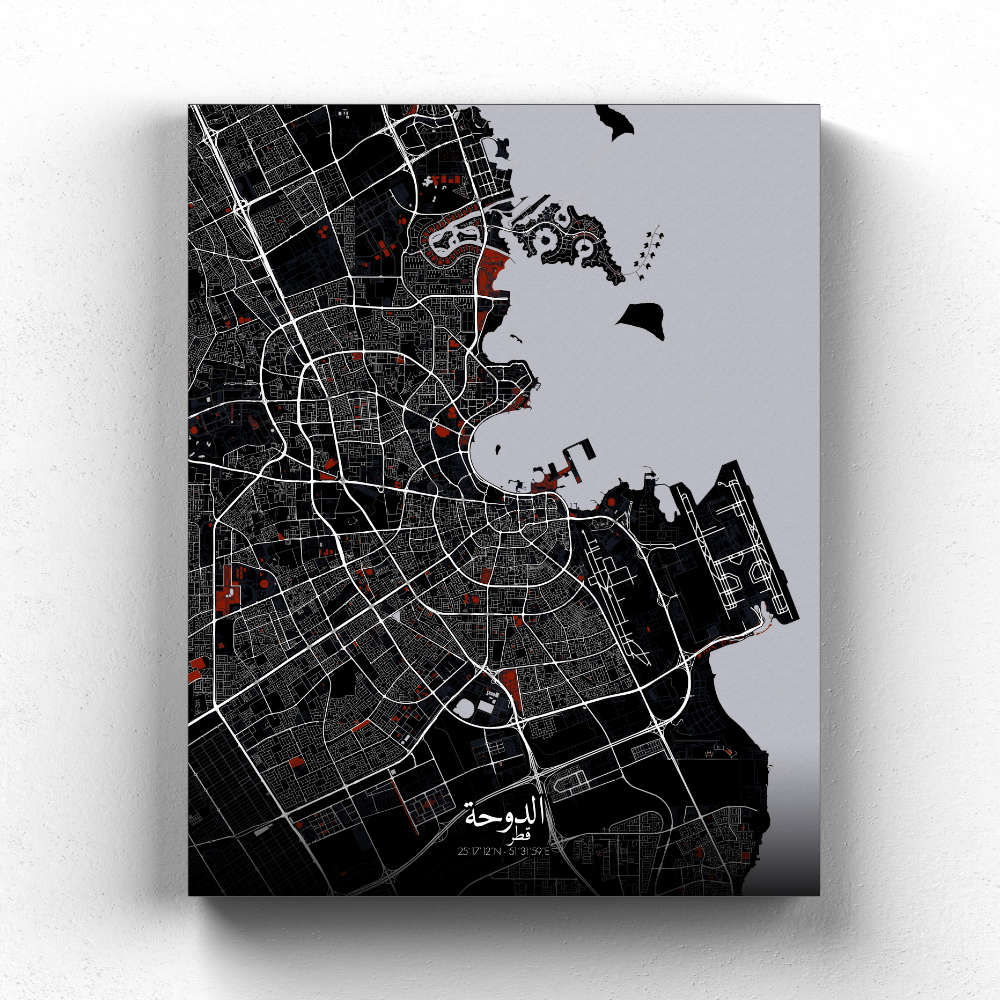 Mapospheres Doha Red dark full page design canvas city map