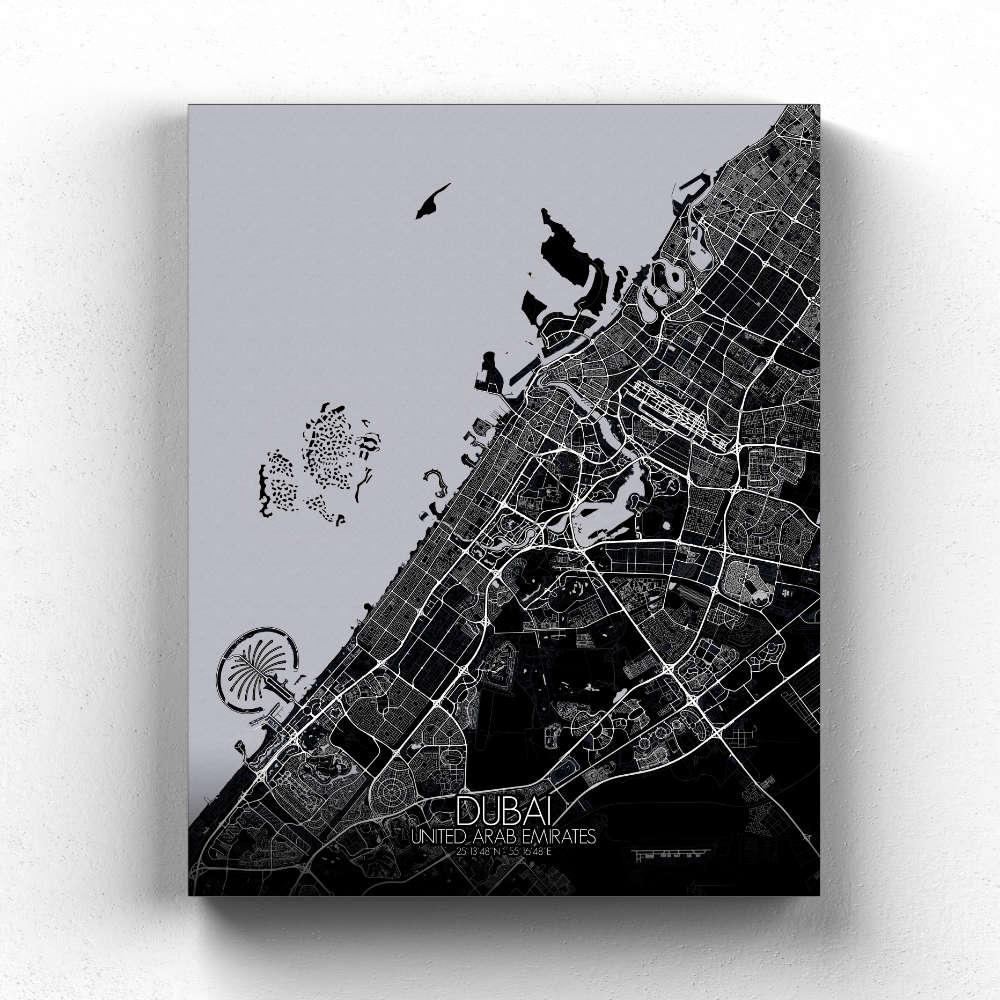 Mapospheres Dubai Red dark full page design canvas city map