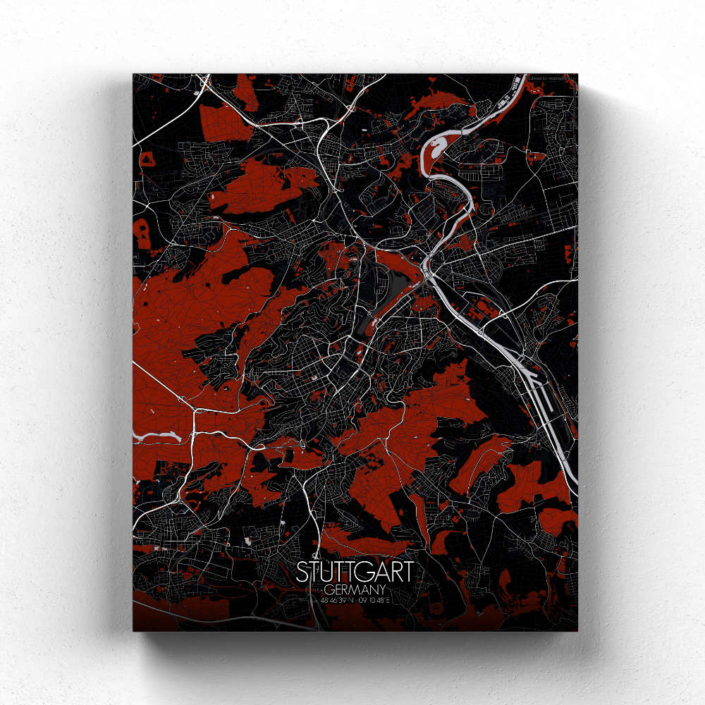 Mapospheres Stuttgart Red dark full page design canvas city map