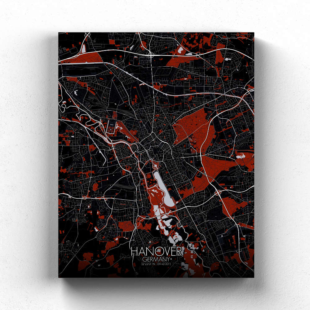 Mapospheres Hanover Red dark full page design canvas city map