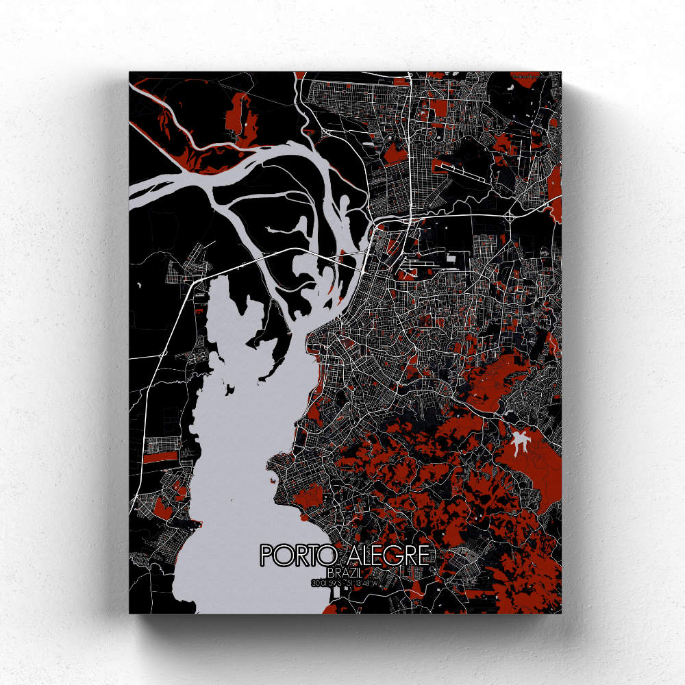 Mapospheres Porto Alegre Red dark full page design canvas city map