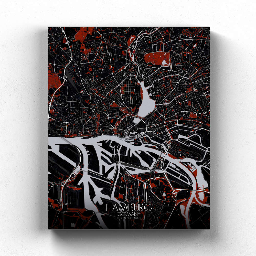 Mapospheres Hamburg Red dark full page design canvas city map