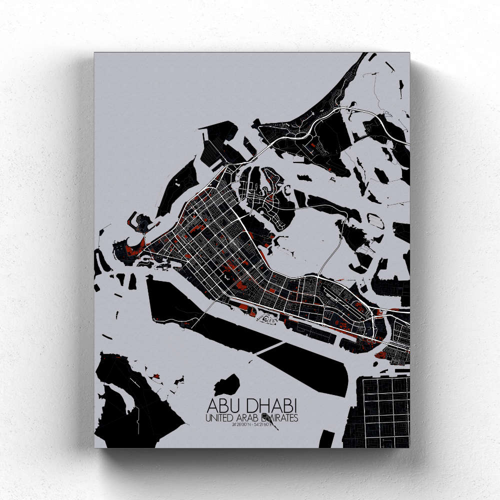 Mapospheres Abu Dhabi Red dark full page design canvas city map