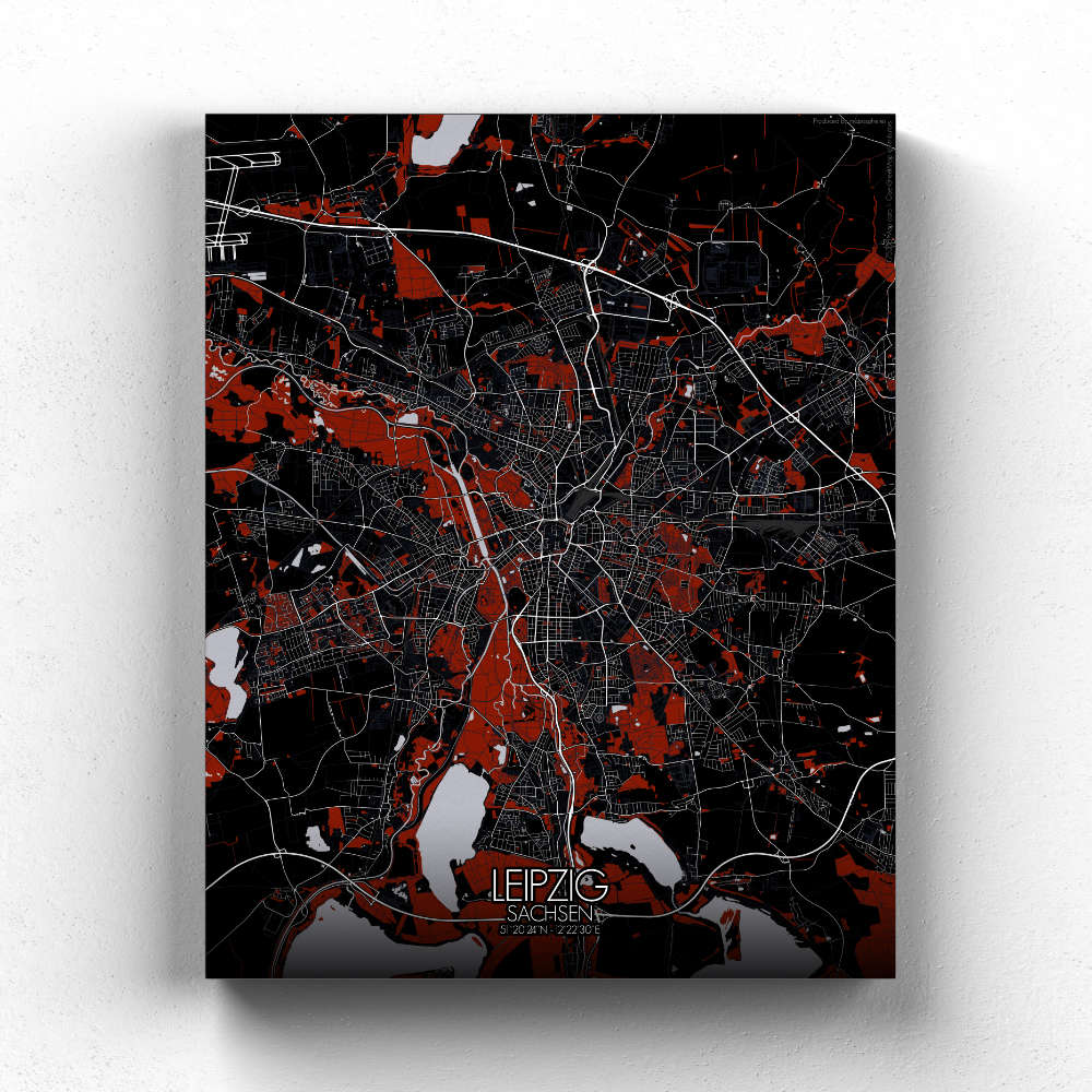 Mapospheres Leipzig Red dark full page design canvas city map