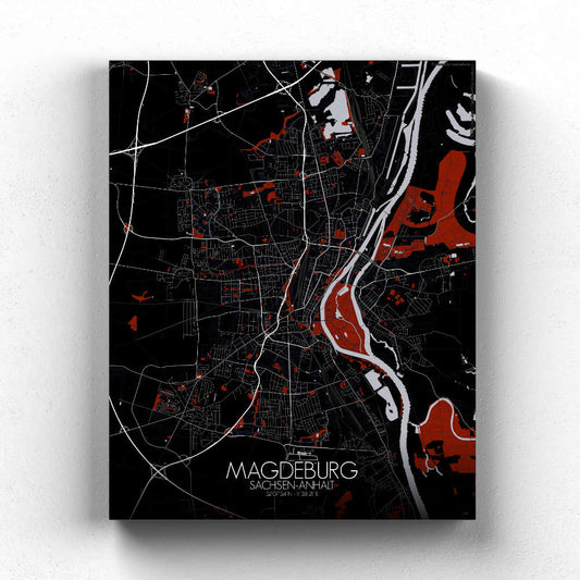 Mapospheres Magdeburg Red dark full page design canvas city map