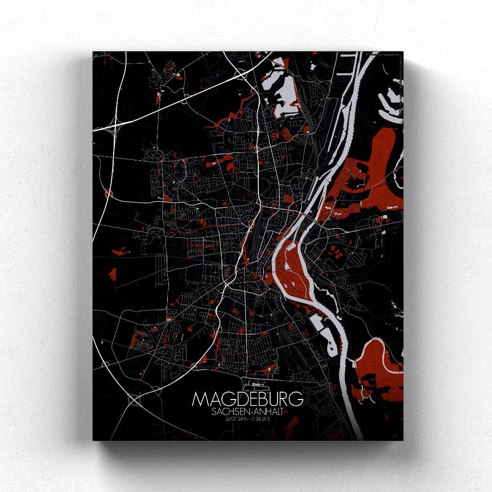 Mapospheres Magdeburg Red dark full page design canvas city map