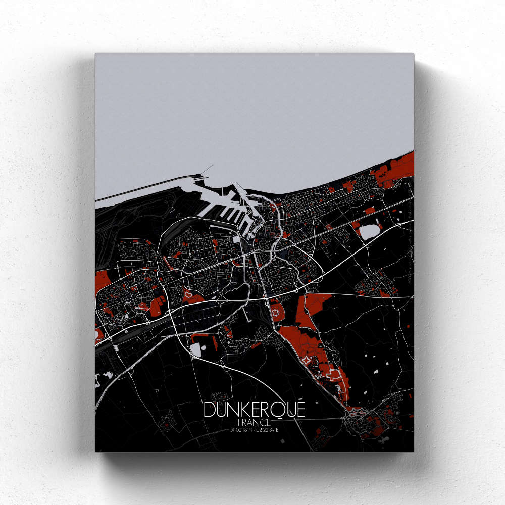 Mapospheres Dunkirk Red dark full page design canvas city map