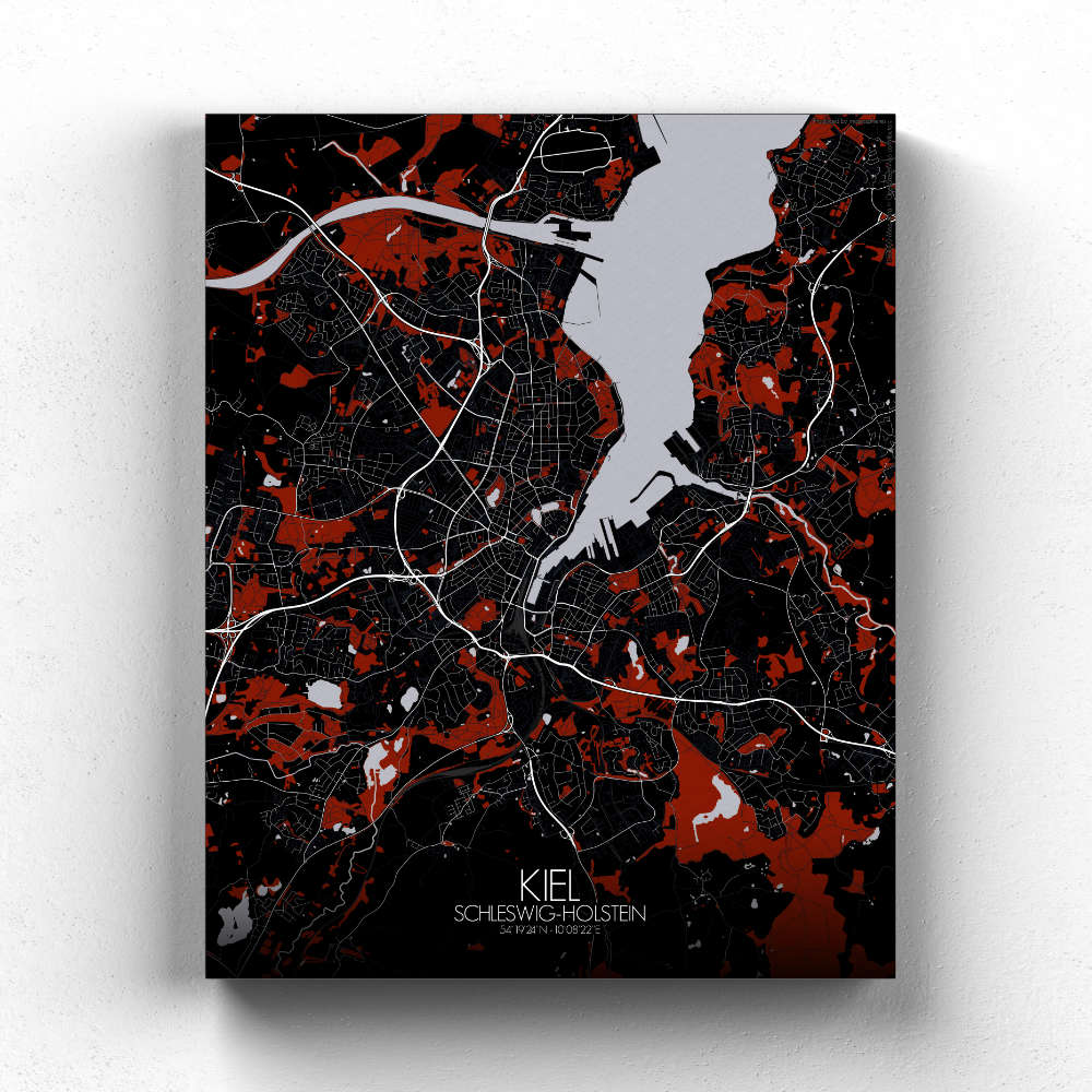 Mapospheres Kiel Red dark full page design canvas city map