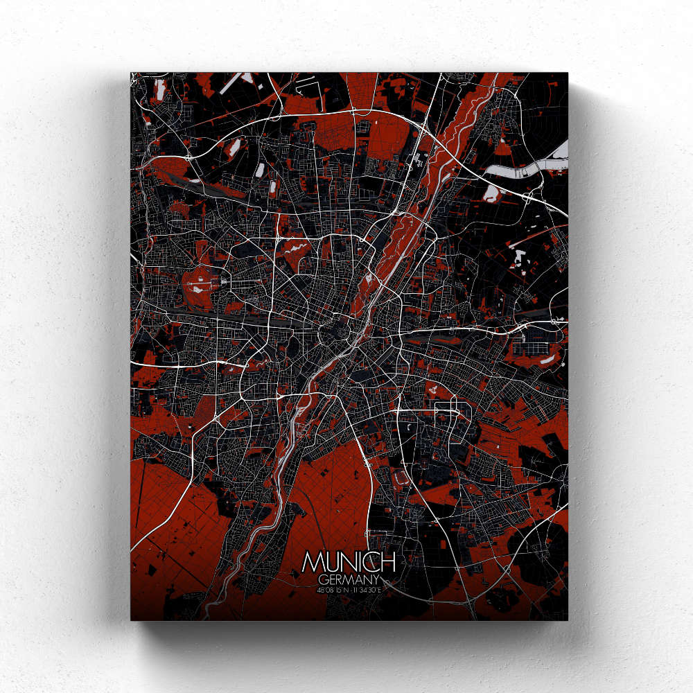 Mapospheres Munich Red dark full page design canvas city map