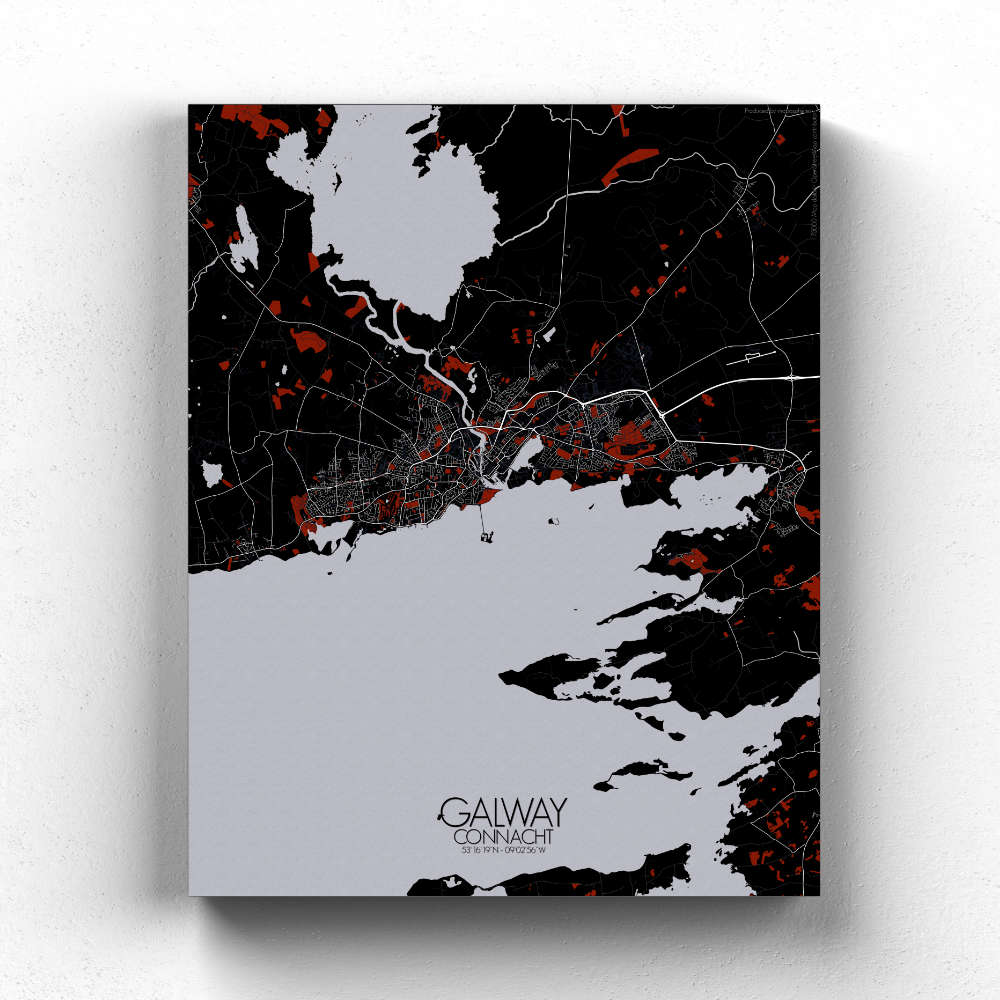 Mapospheres Galway Red dark full page design canvas city map
