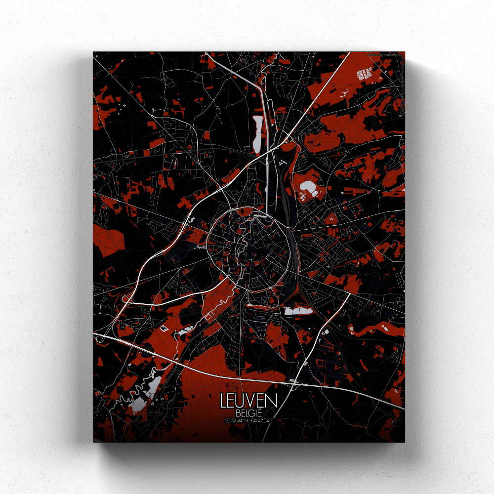 Mapospheres Leuven Red dark full page design canvas city map
