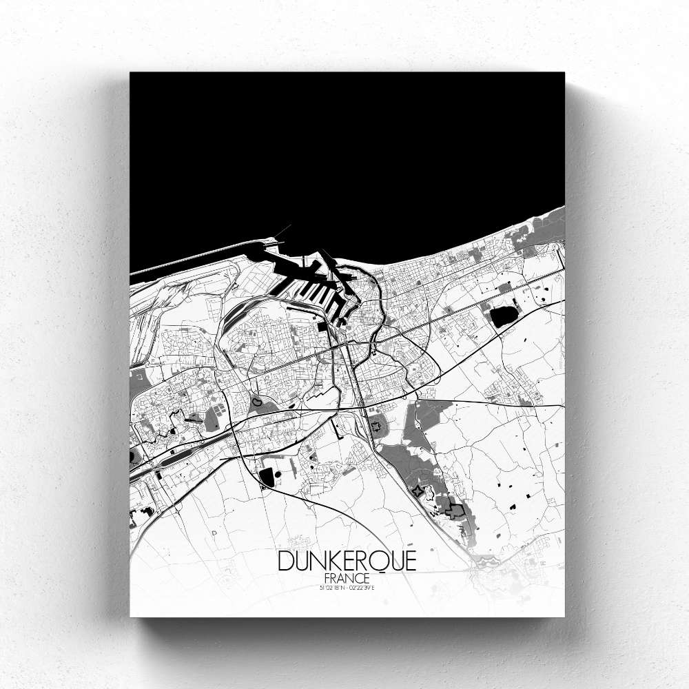 Mapospheres Dunkirk Black and White full page design canvas city map