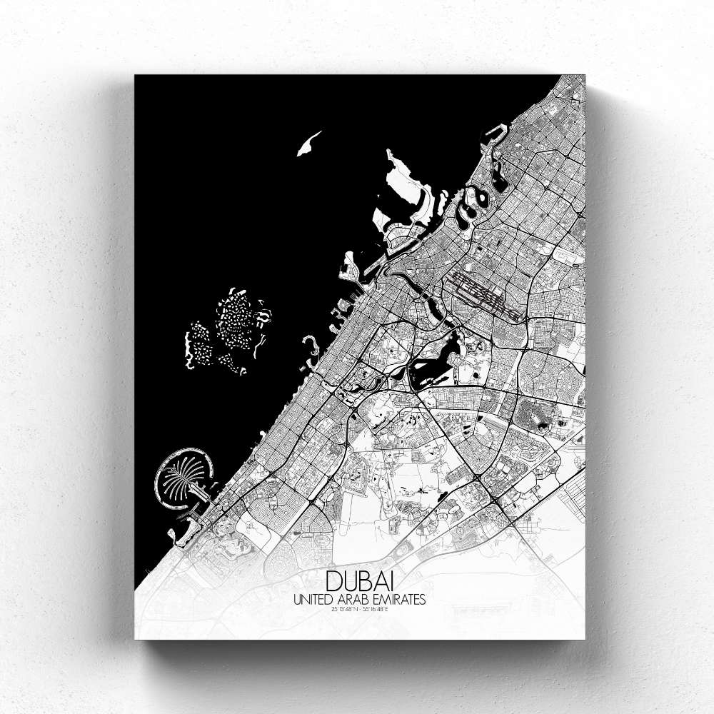 Mapospheres Dubai Black and White full page design canvas city map