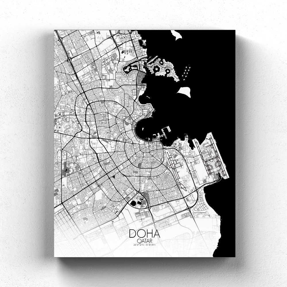 Mapospheres Doha Black and White full page design canvas city map