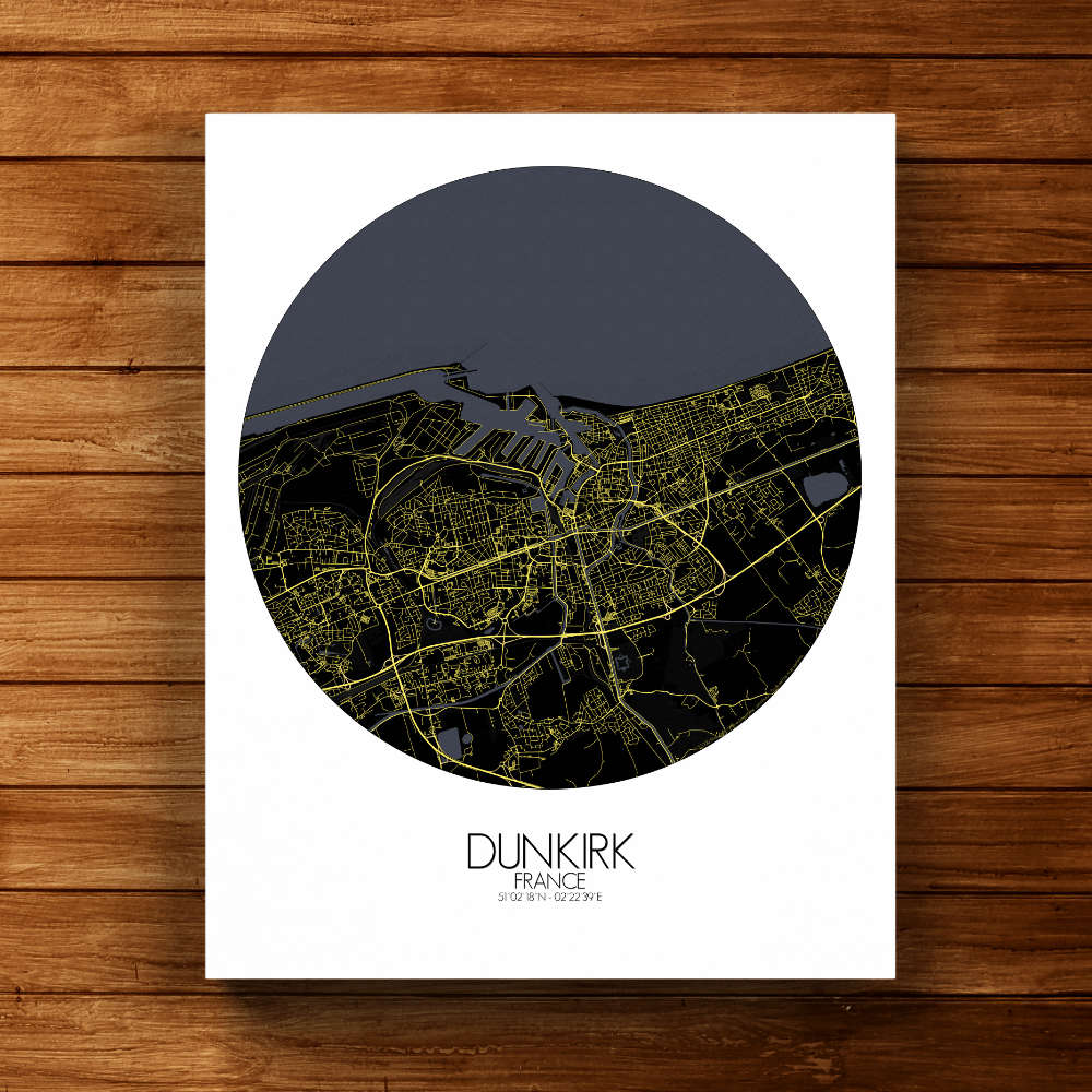 Mapospheres Dunkirk Night round shape design canvas city map